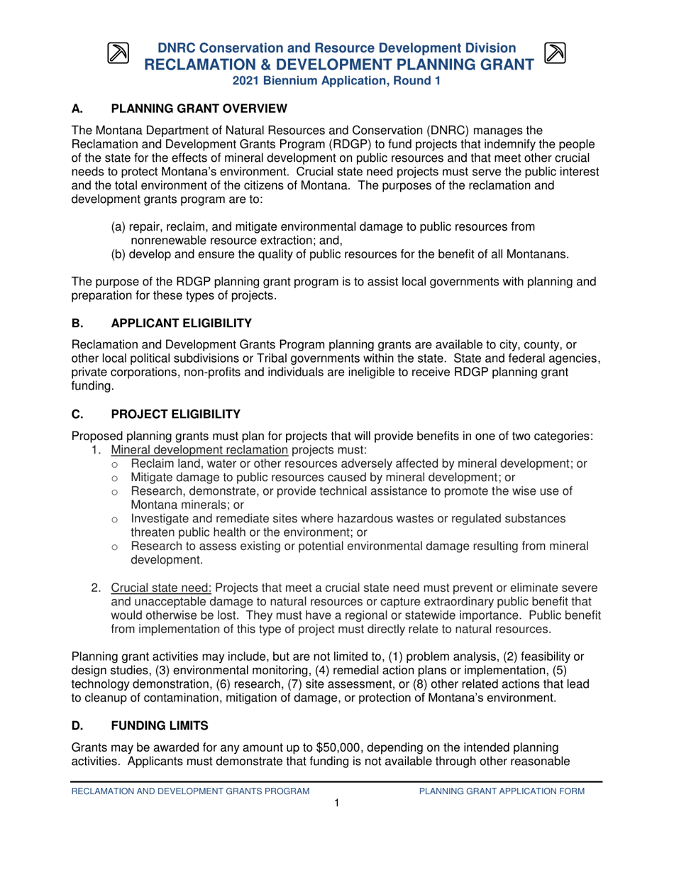 Reclamation  Development Planning Grant Application Form - Montana, Page 1