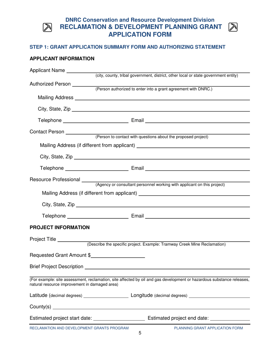 Reclamation  Development Planning Grant Application Form - Montana, Page 5