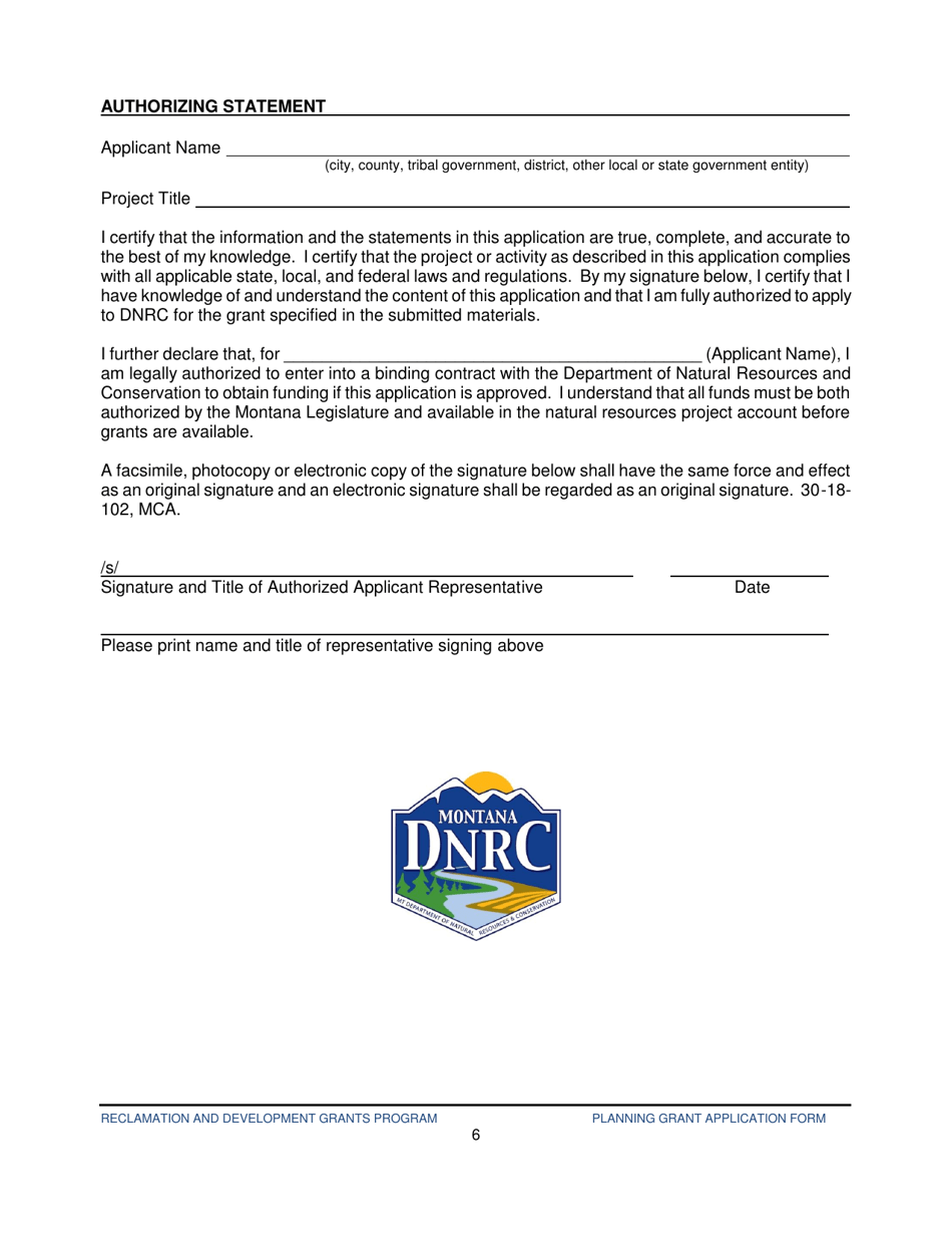 Reclamation  Development Planning Grant Application Form - Montana, Page 6