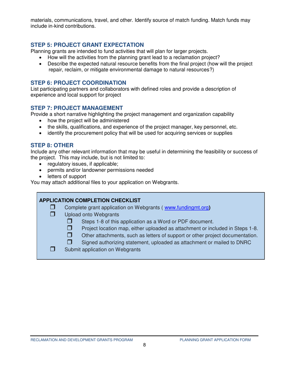 Reclamation  Development Planning Grant Application Form - Montana, Page 8