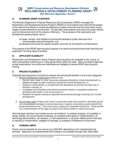 Reclamation & Development Planning Grant Application Form - Montana, 2021