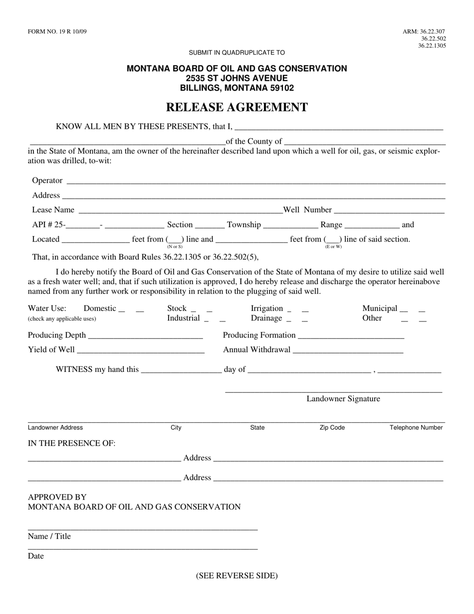 Form 19 Release Agreement - Montana, Page 1