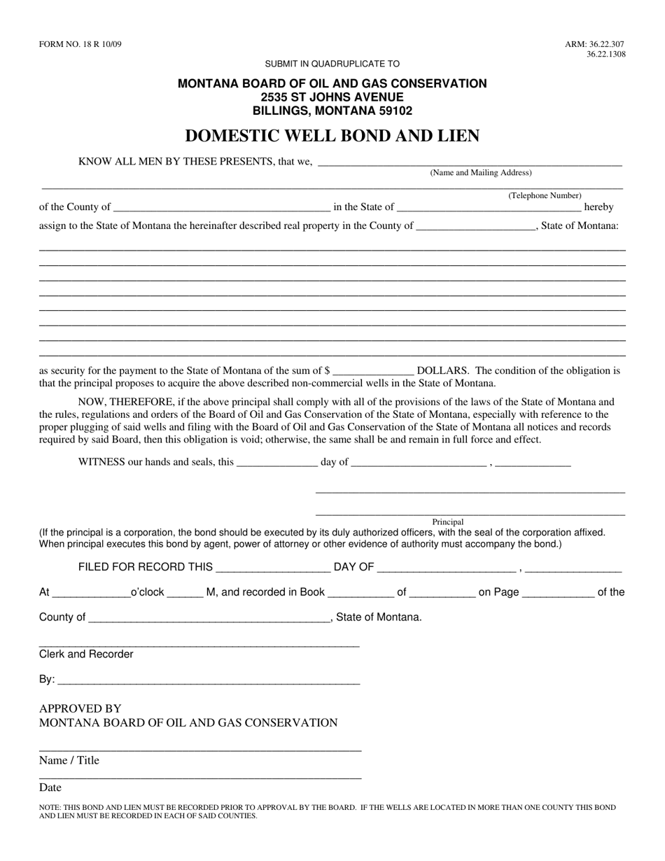 Form 18 Domestic Well Bond and Lien - Montana, Page 1