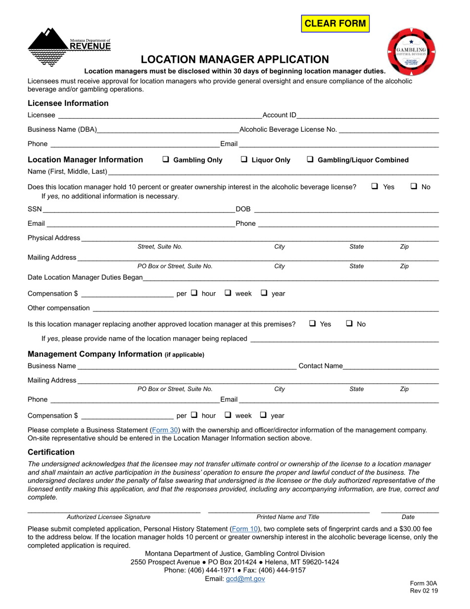 Form 30A Location Manager Application - Montana, Page 1