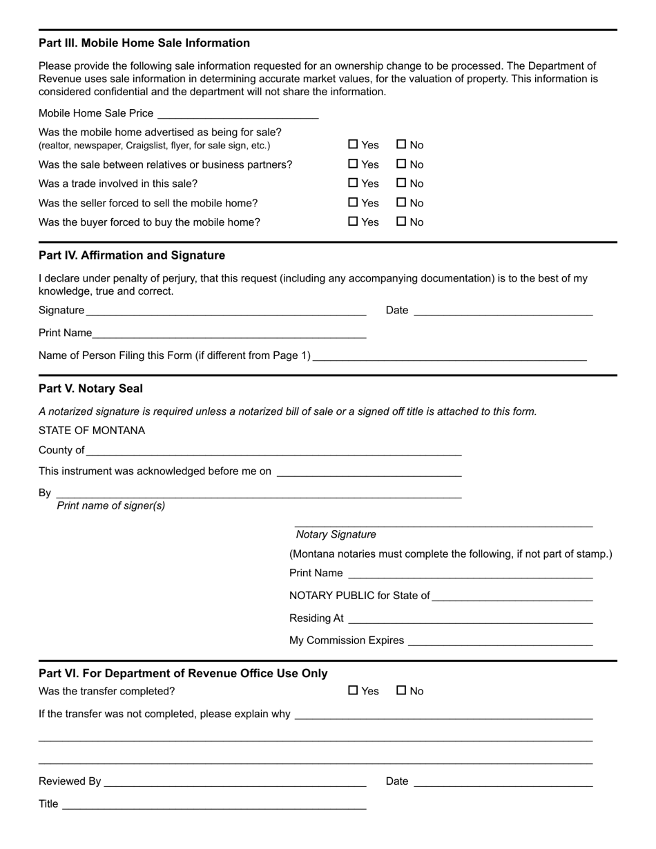 Form AB-38 Ownership Change Request for a Pre-1977 Mobile Home - Montana, Page 2