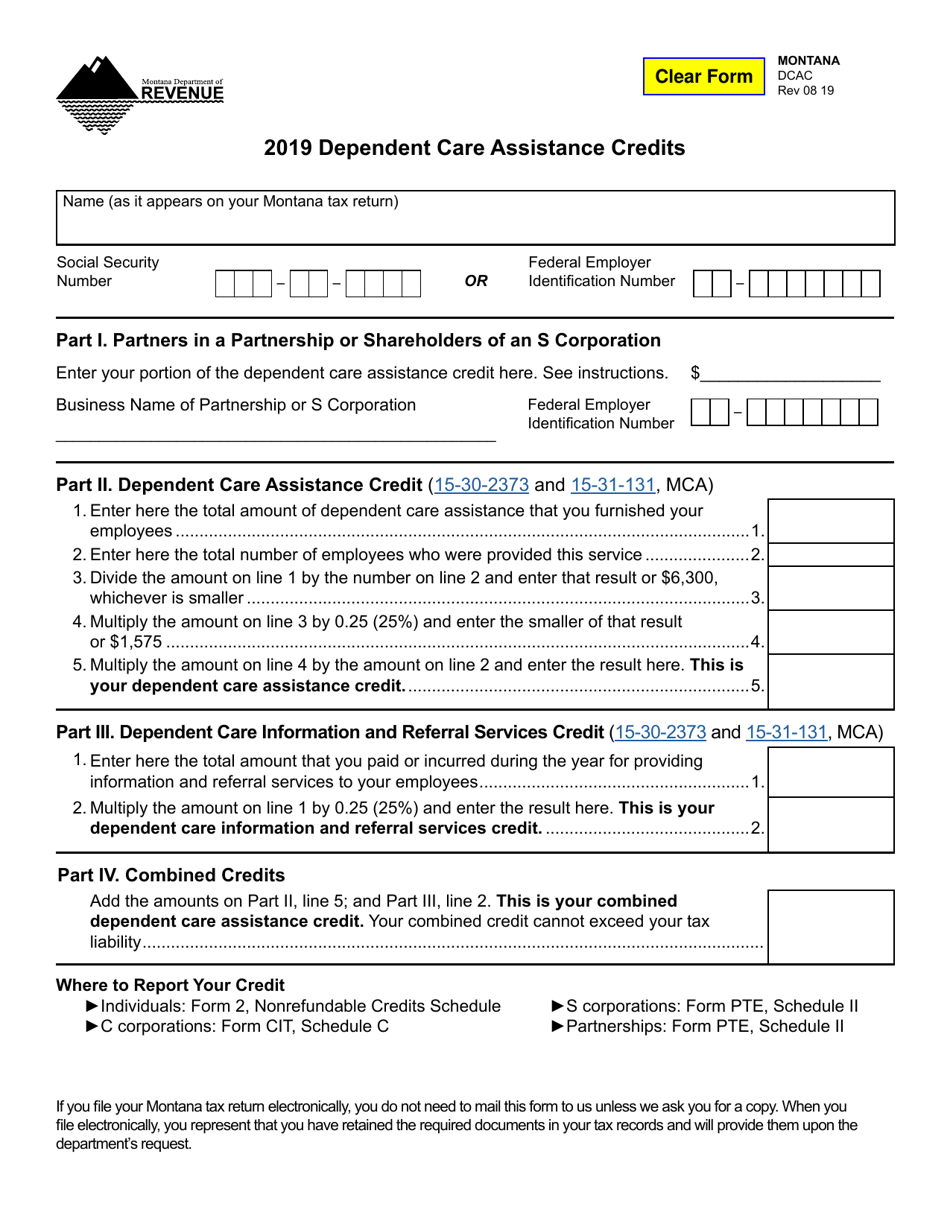 Form DCAC Dependent Care Assistance Credits - Montana, Page 1