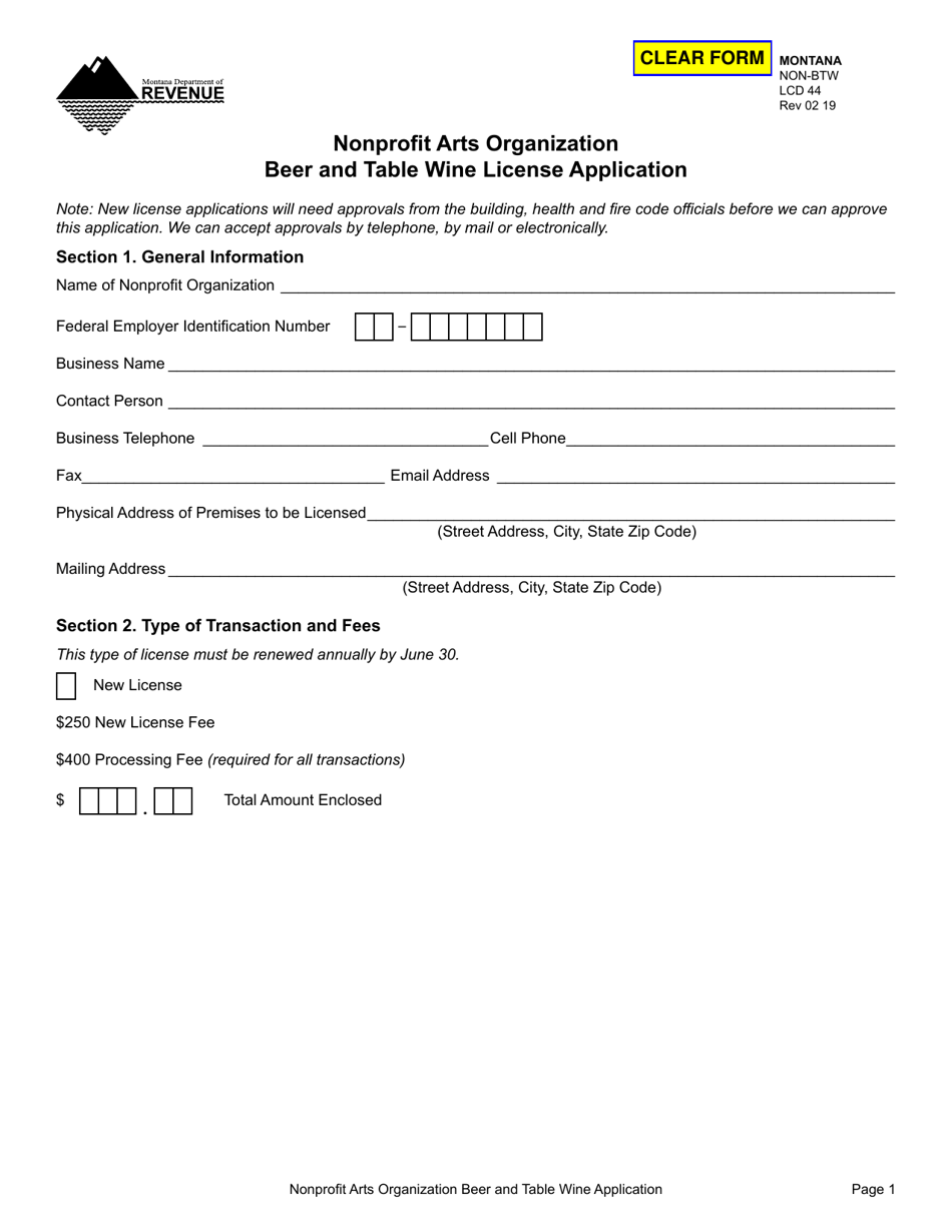 Form NON-BTW Nonprofit Arts Organization Beer and Table Wine License Application - Montana, Page 1