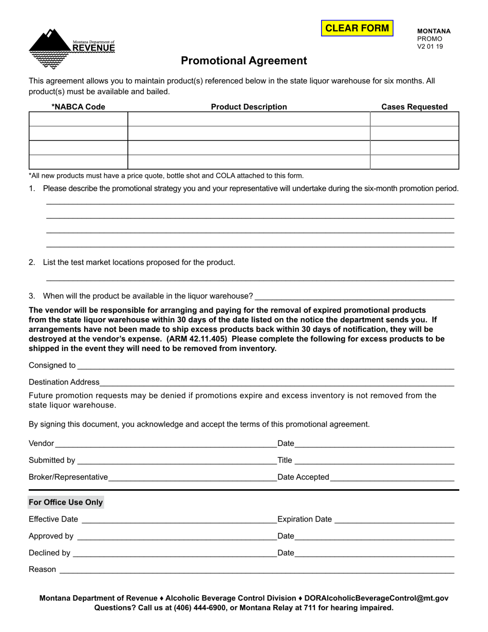 Form PROMO Promotional Agreement - Montana, Page 1