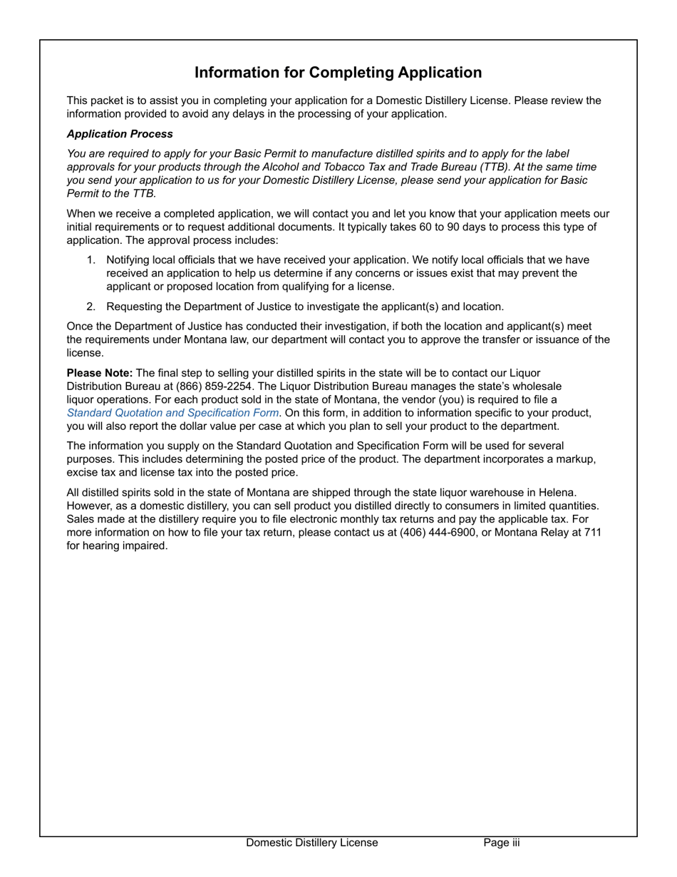 Form MDLA Domestic Distillery License - Montana, Page 3