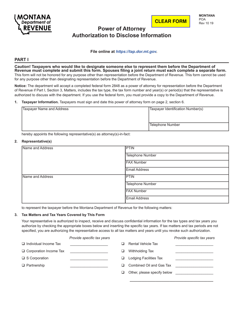 Form POA Power of Attorney Authorization to Disclose Information - Montana, Page 1