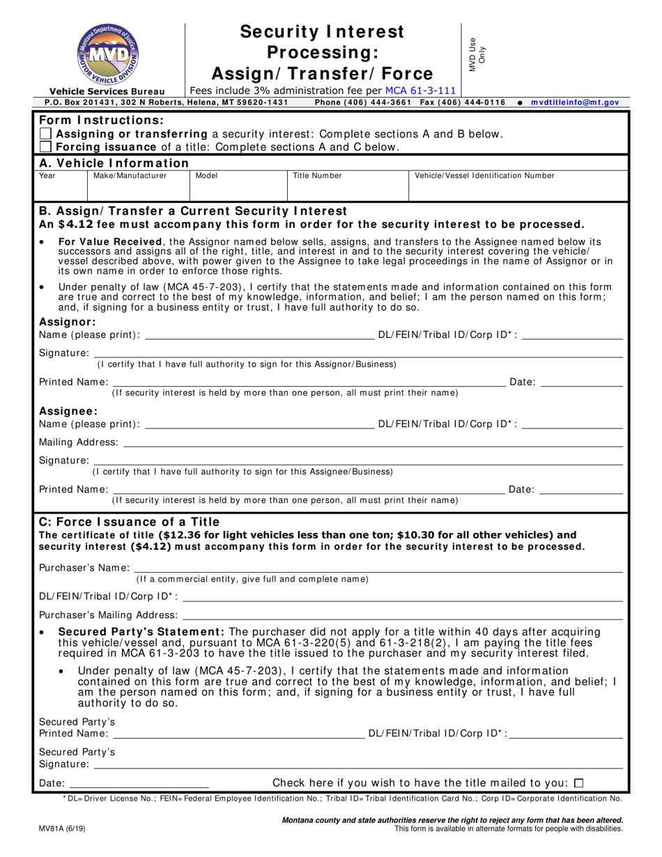 Form Mv81a Download Fillable Pdf Or Fill Online Security Interest Processing Assign Transfer Force Montana Templateroller