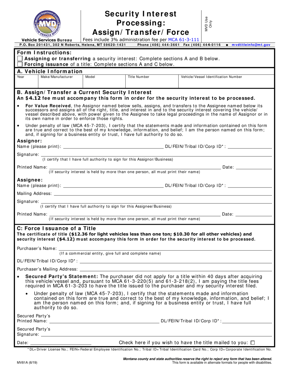 Form MV81A Security Interest Processing: Assign / Transfer / Force - Montana, Page 1