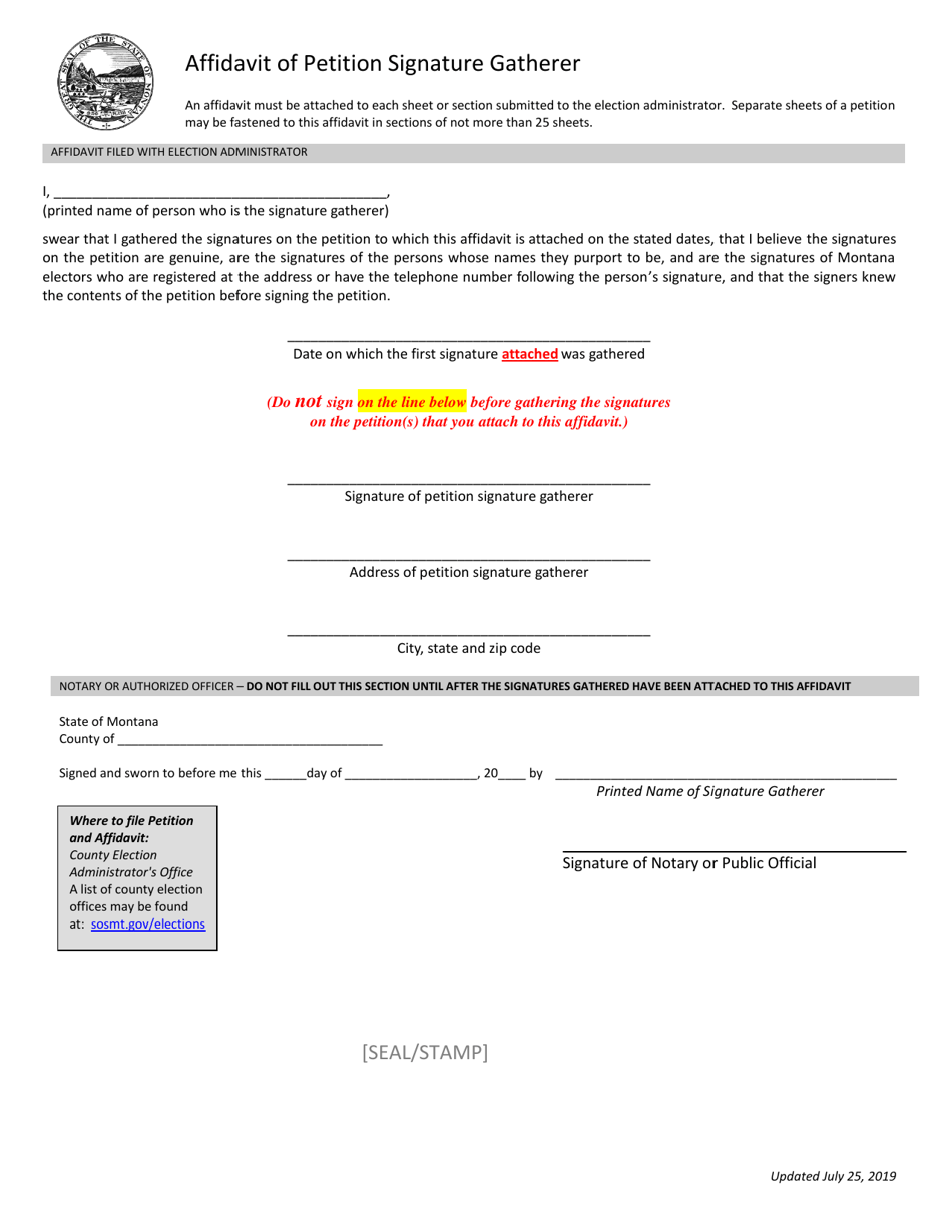 Affidavit of Petition Signature Gatherer - Montana, Page 1