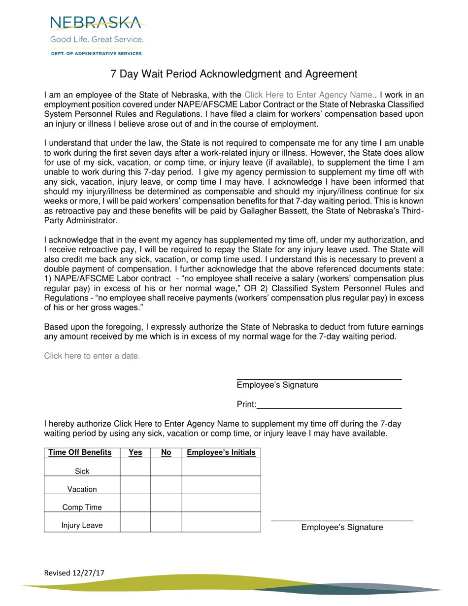 7 Day Wait Period Acknowledgment and Agreement - Nebraska, Page 1