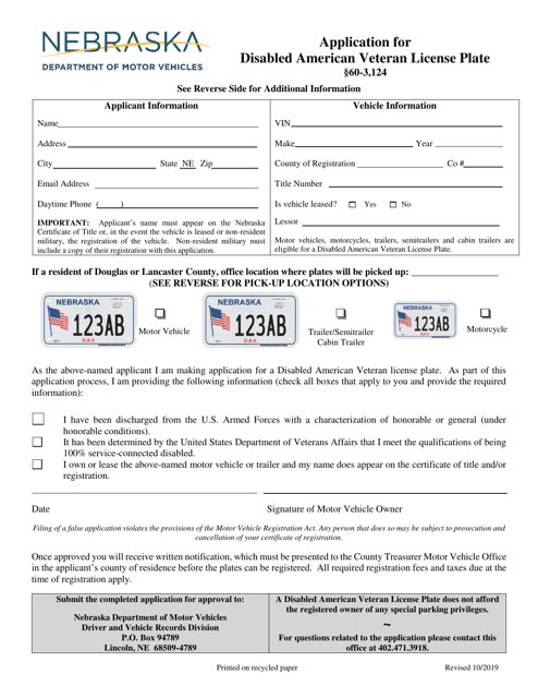 Application for Disabled American Veteran License Plate - Nebraska Download Pdf