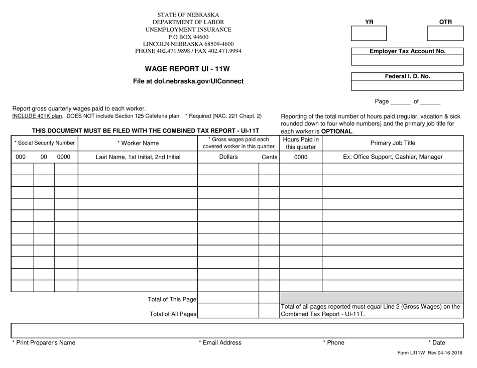 Form UI11W Wage Report - Nebraska, Page 1