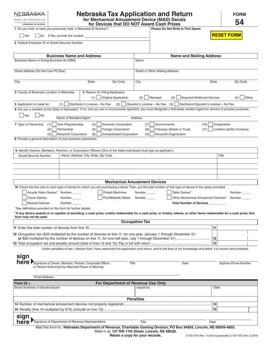 Form 54 Nebraska Tax Application and Return for Mechanical Amusement Device (Mad) Decals for Devices That Do Not Award Cash Prizes - Nebraska, Page 1