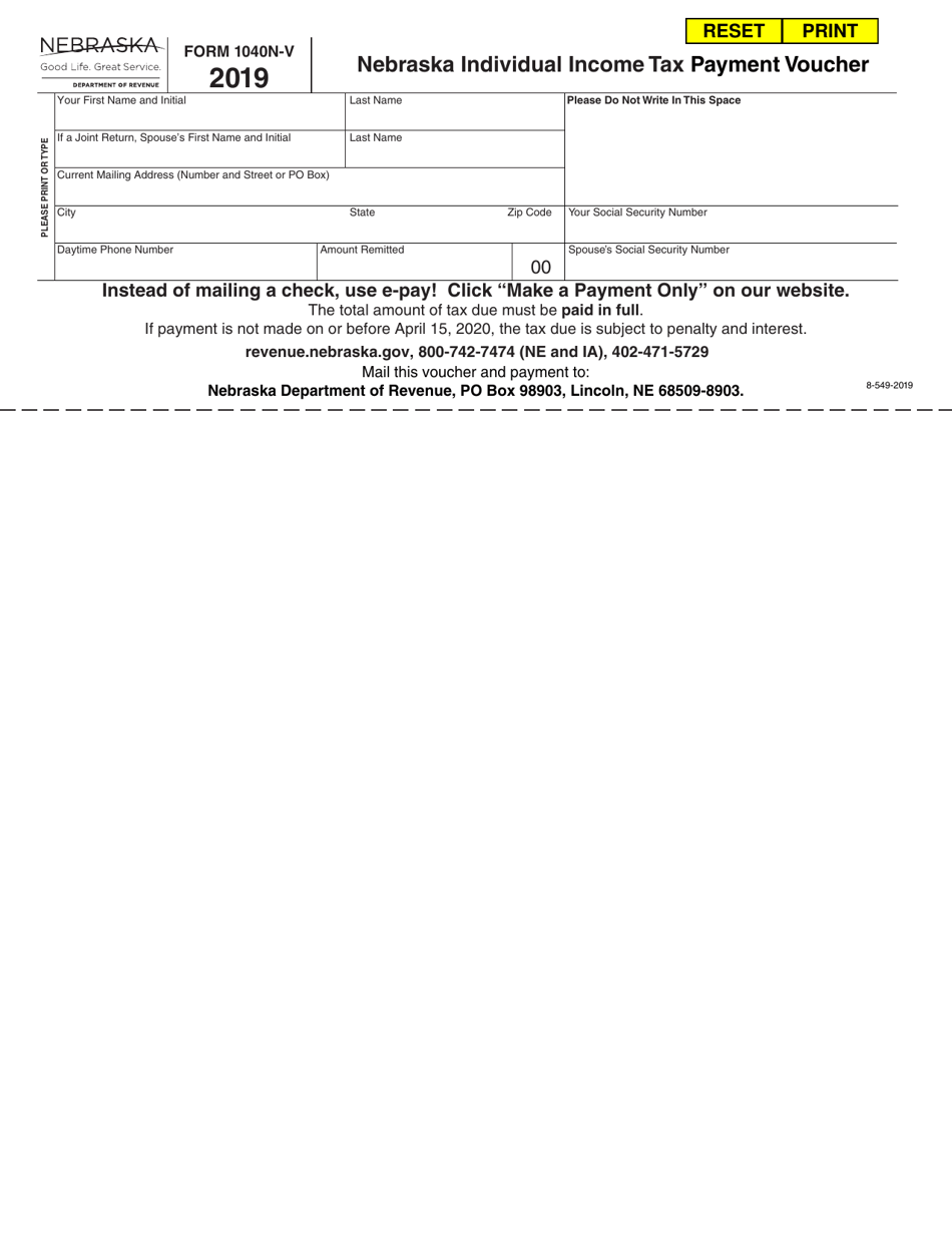 Form 1040n V Download Fillable Pdf Or Fill Online Nebraska Individual Income Tax Payment Voucher 3278