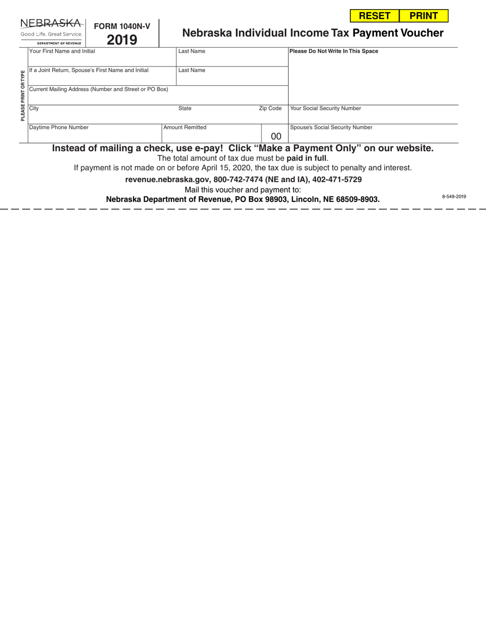 Form 1040N-V Nebraska Individual Income Tax Payment Voucher - Nebraska, Page 1