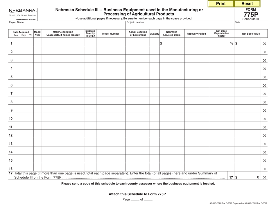 Form 775P Schedule III Business Equipment Used in the Manufacturing or Processing of Agricultural Products - Nebraska, Page 1