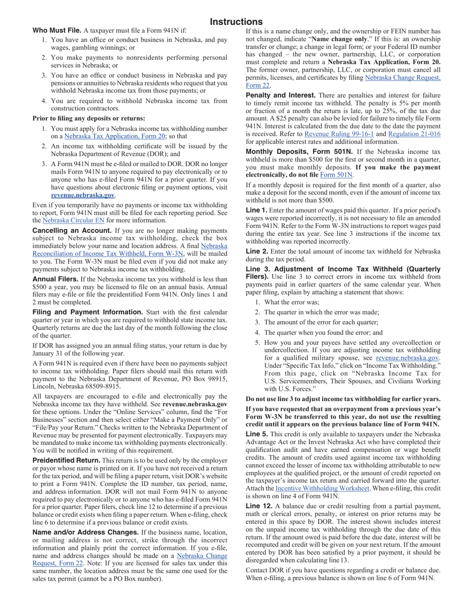Form 941N Nebraska Income Tax Withholding Return - Nebraska, Page 2