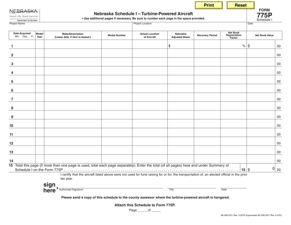 Form 775P Schedule I Turbine-Powered Aircraft - Nebraska, Page 1
