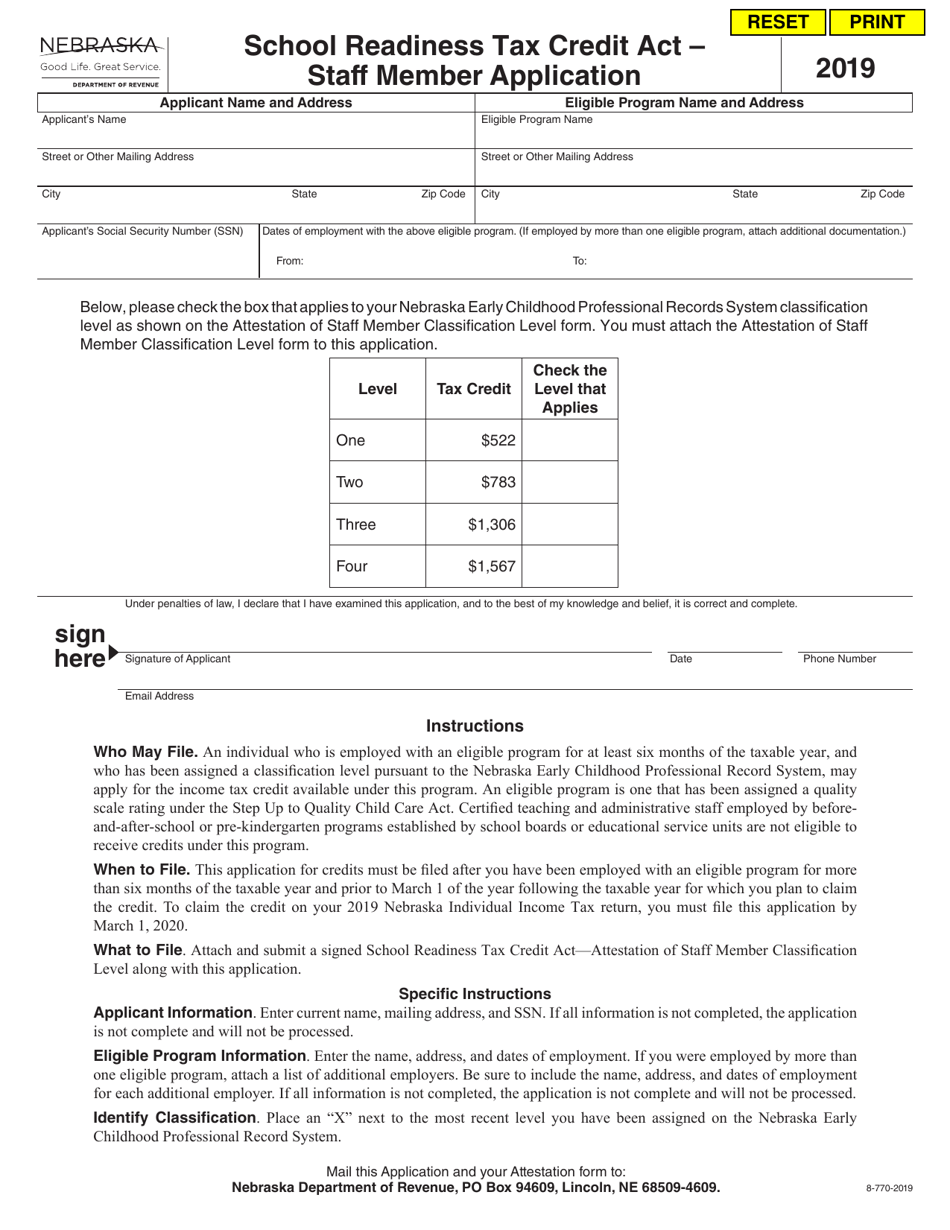 School Readiness Tax Credit Act - Staff Member Application - Nebraska, Page 1