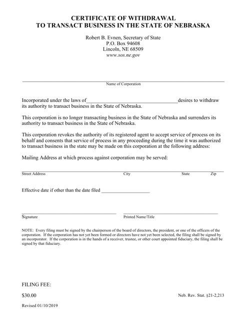 Certificate of Withdrawal to Transact Business in the State of Nebraska - Nebraska Download Pdf