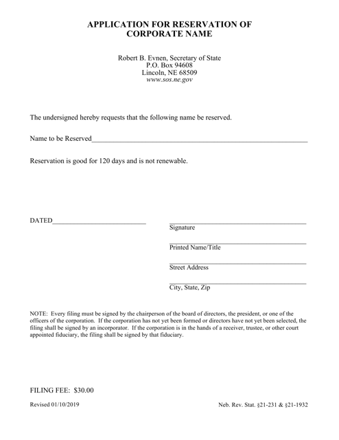 Application for Reservation of Corporate Name - Nebraska Download Pdf