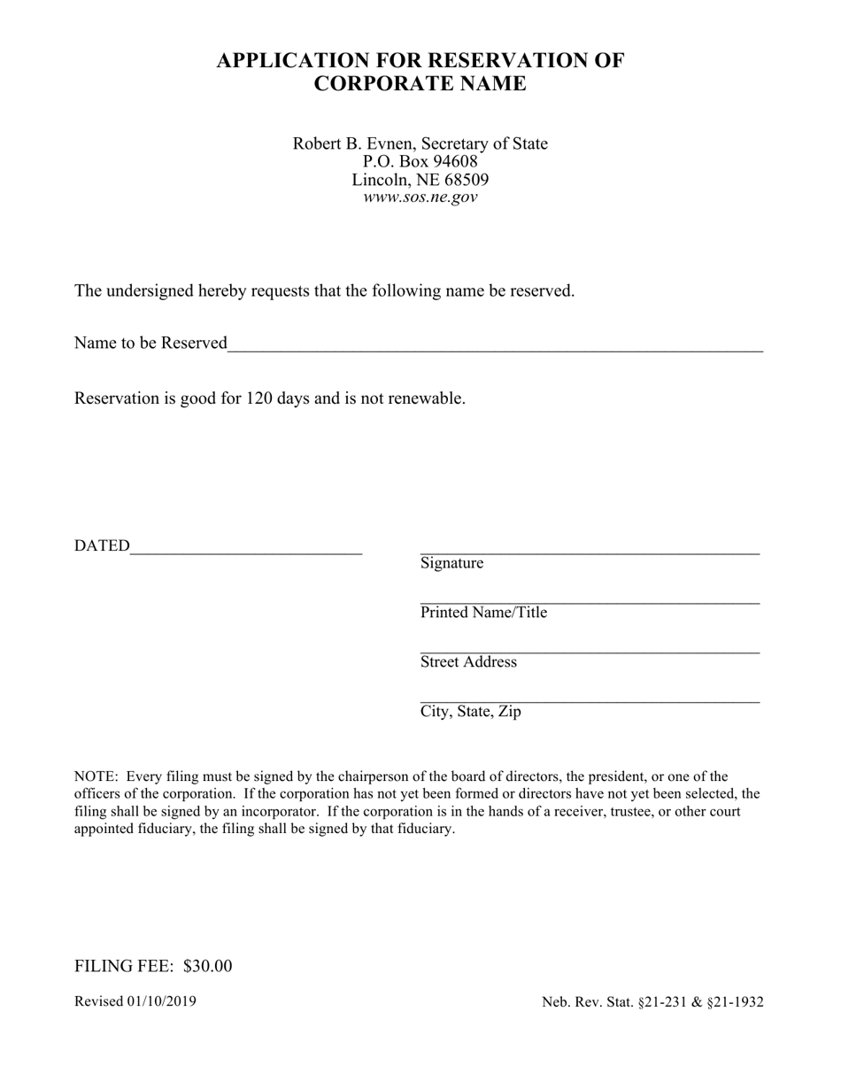 Application for Reservation of Corporate Name - Nebraska, Page 1