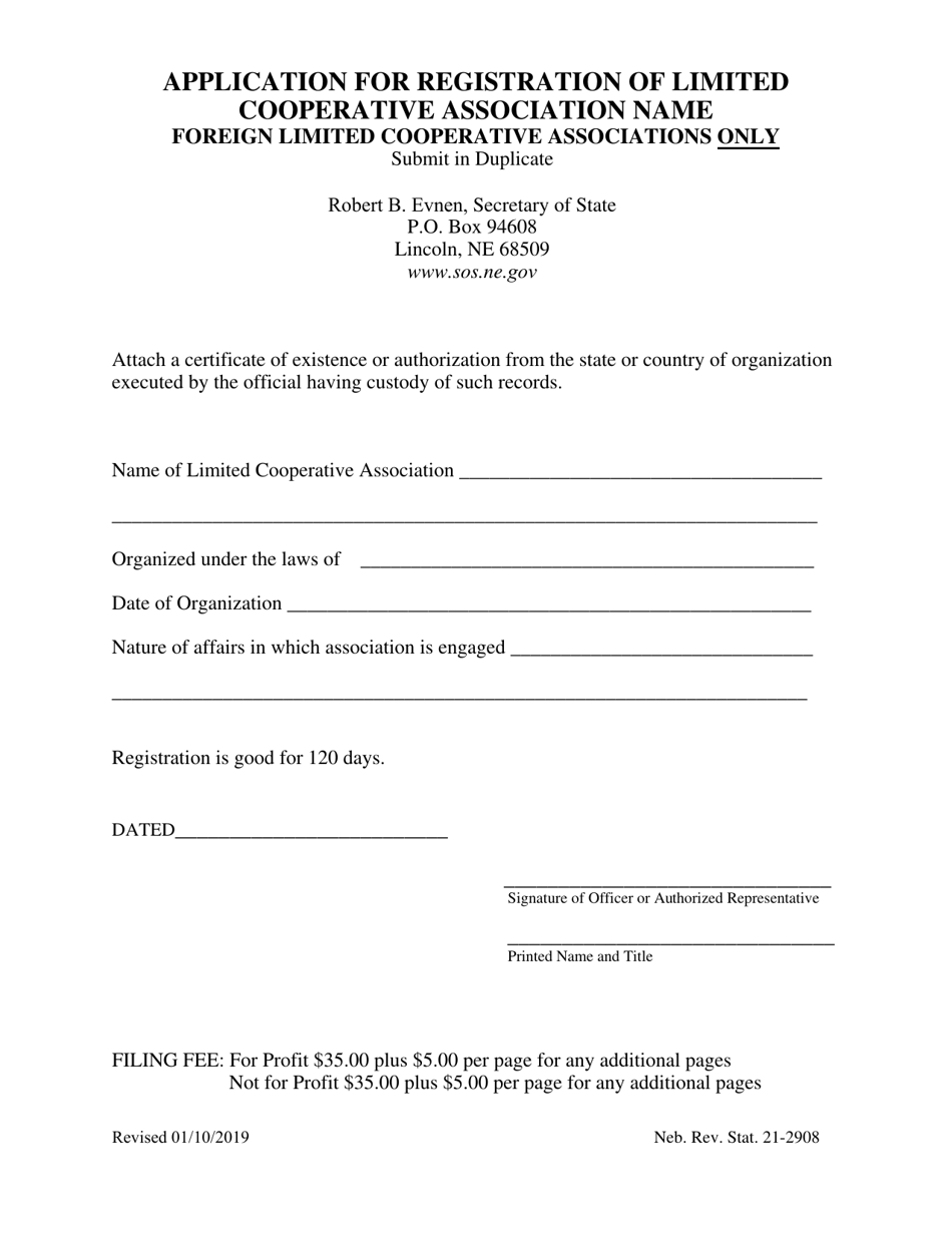 Application for Registration of Limited Cooperative Association Name - Foreign Limited Cooperative Associations Only - Nebraska, Page 1