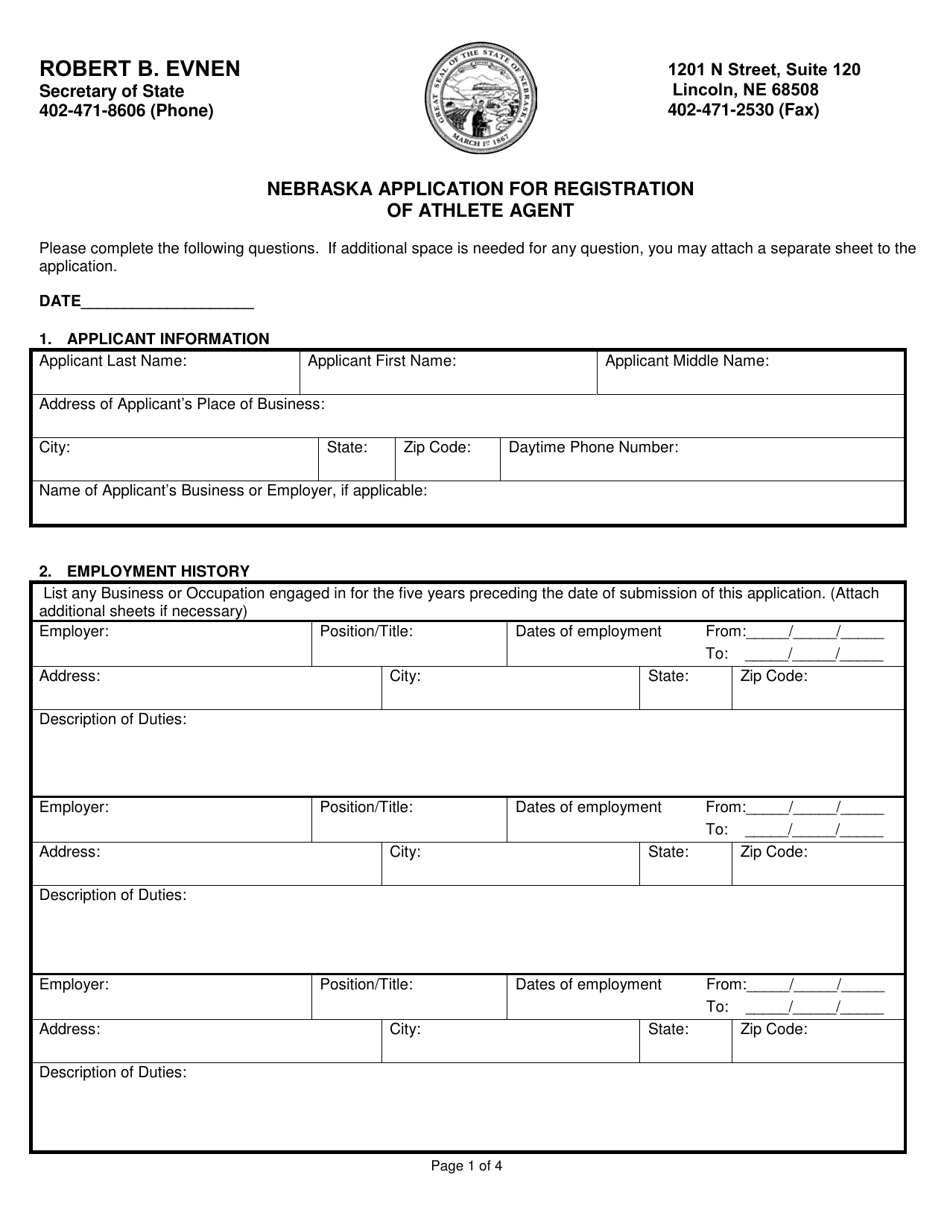 Nebraska Application for Registration of Athlete Agent - Nebraska, Page 1