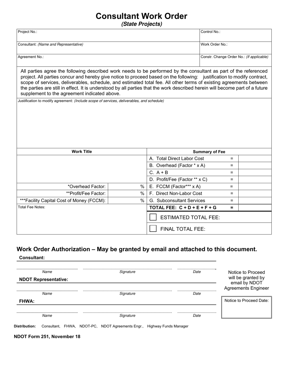 NDOT Form 251 Consultant Work Order Form for State Projects - Nebraska, Page 1