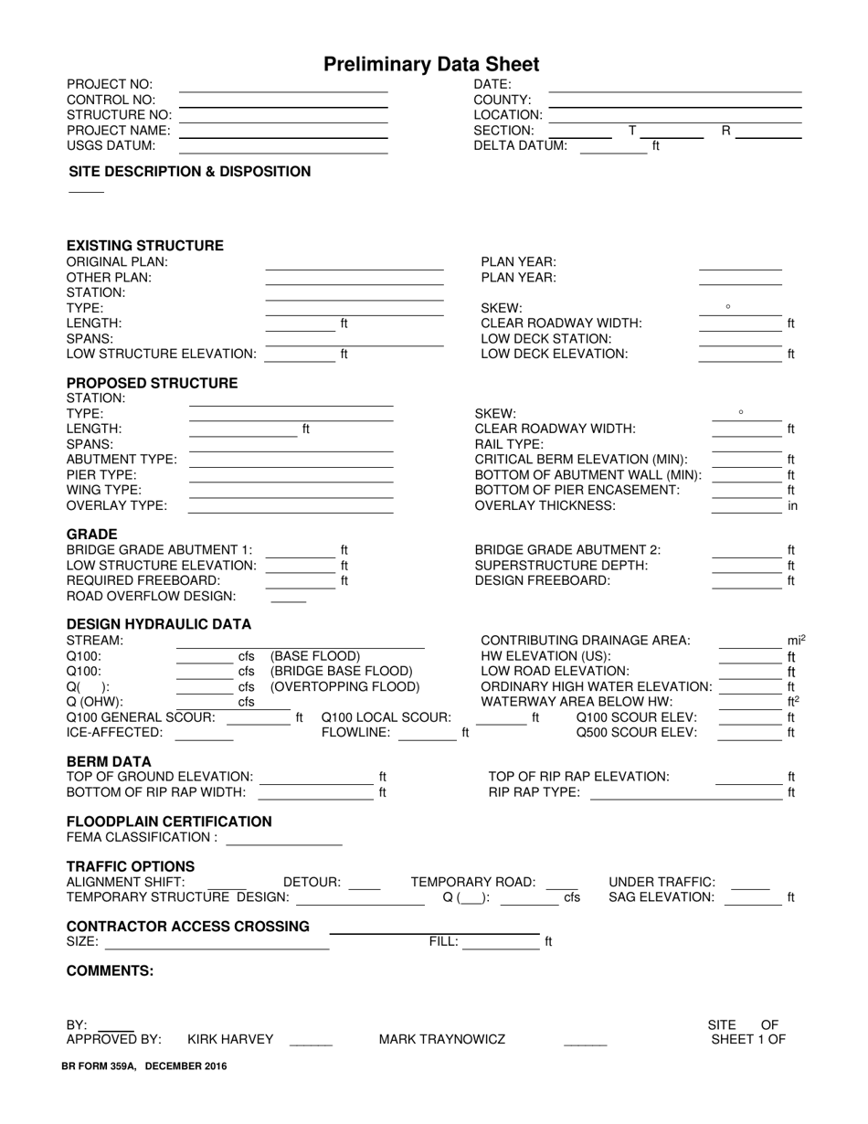 BR Form 359A Preliminary Data Sheet - Nebraska, Page 1