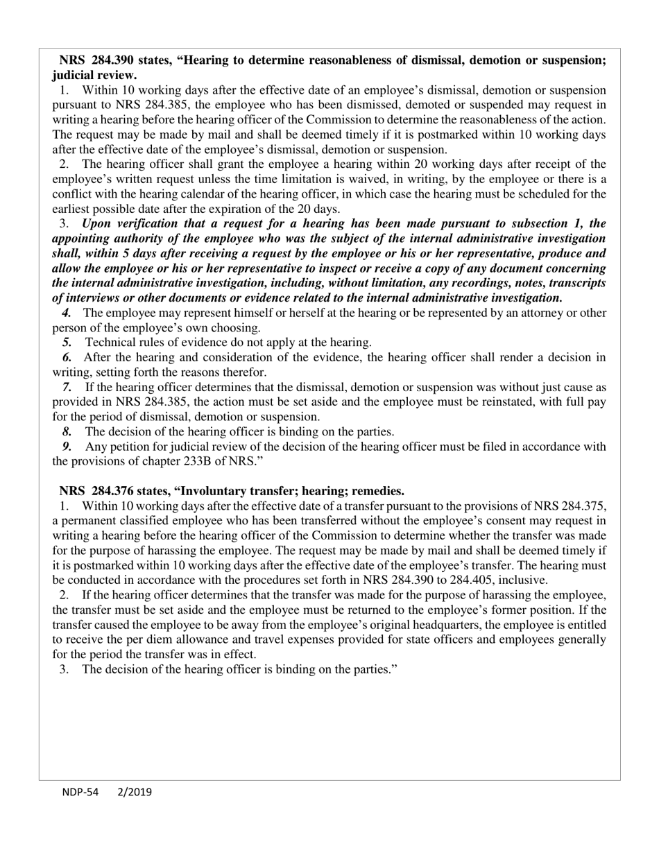 Form NDP-54 Appeal of Dismissal, Suspension, Demotion, or Involuntary Transfer - Nevada, Page 3