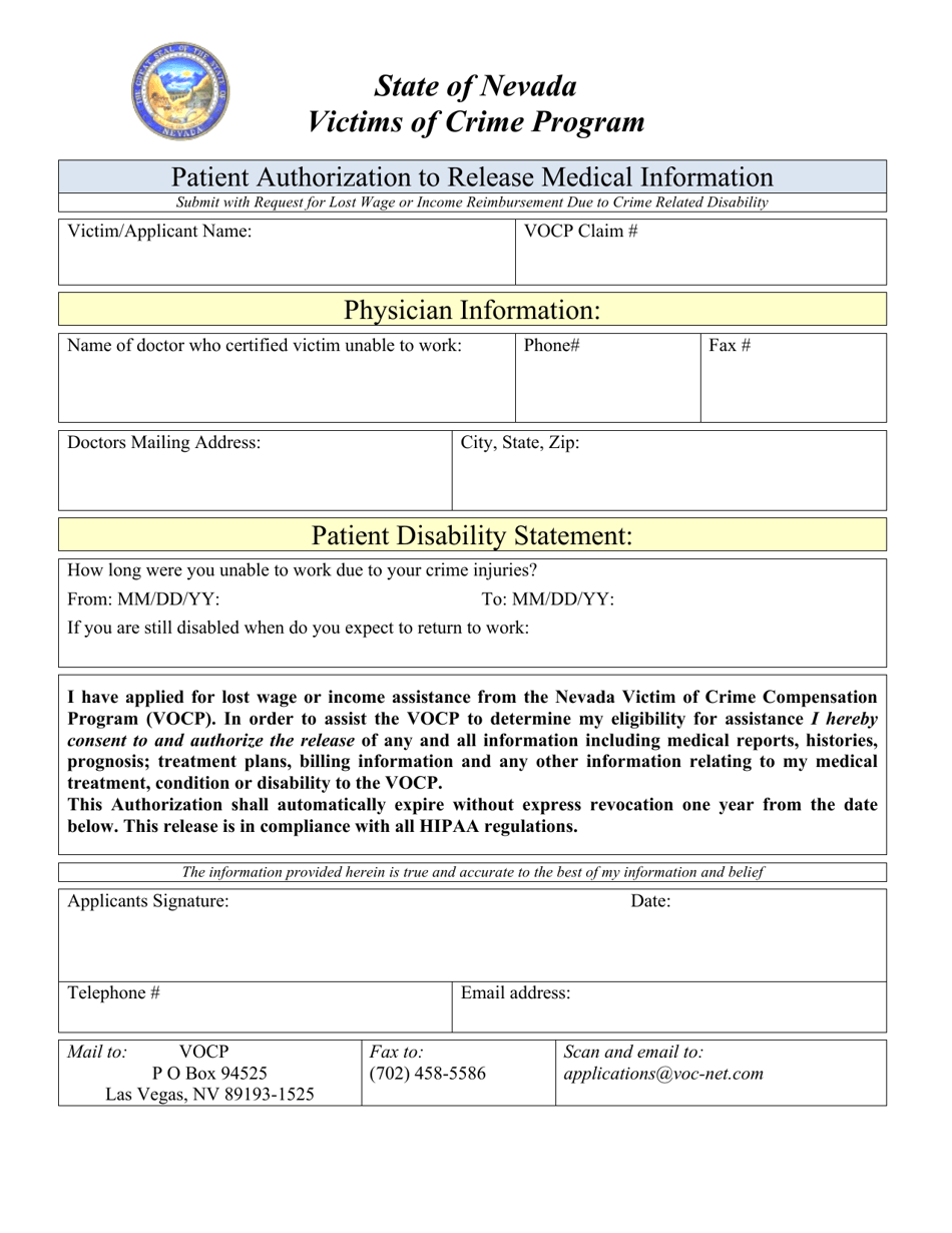 Patient Authorization to Release Medical Information - Nevada, Page 1