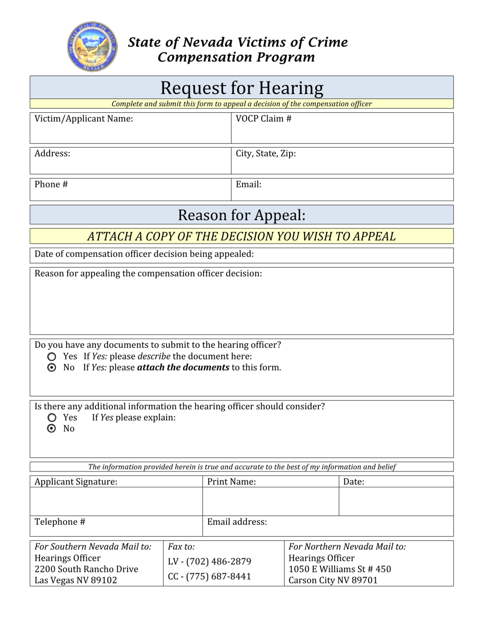 Request for Hearing - Nevada, Page 1