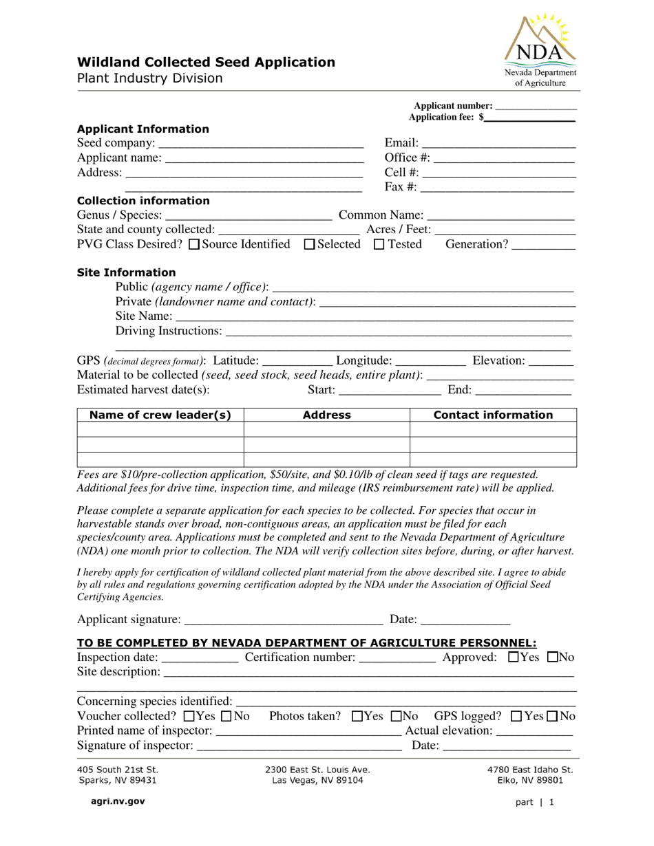 Wildland Collected Seed Application - Nevada, Page 1