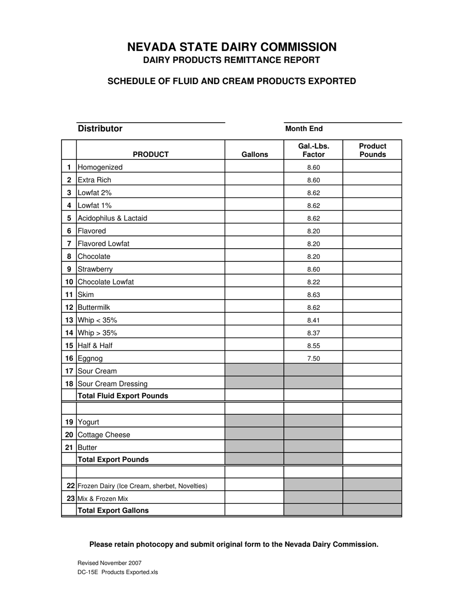 Form DC-15E Schedule of Fluid and Cream Products Exported - Nevada, Page 1