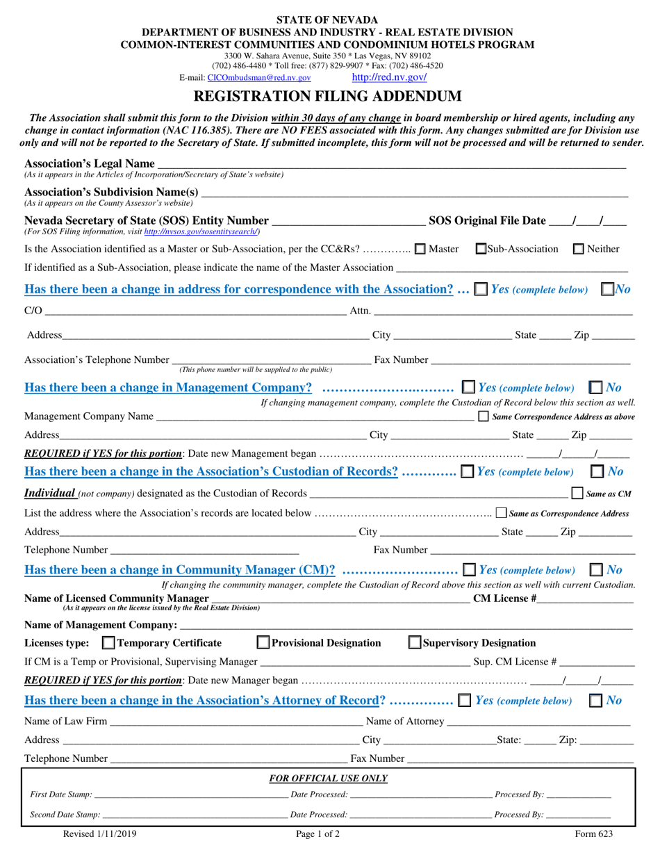 Form 623 Registration Filing Addendum - Nevada, Page 1