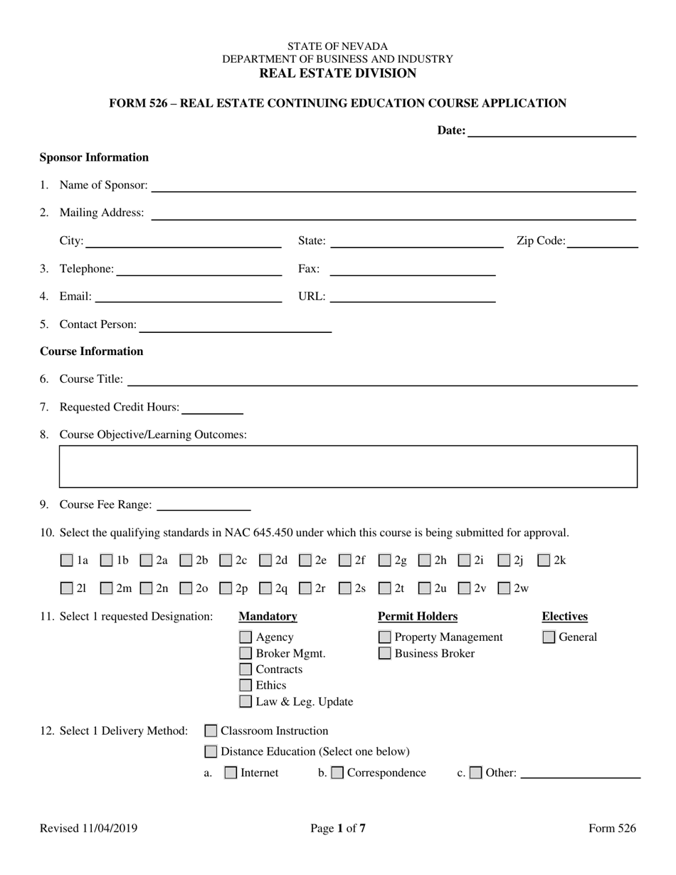 Form 526 Real Estate Continuing Education Course Application - Nevada, Page 1