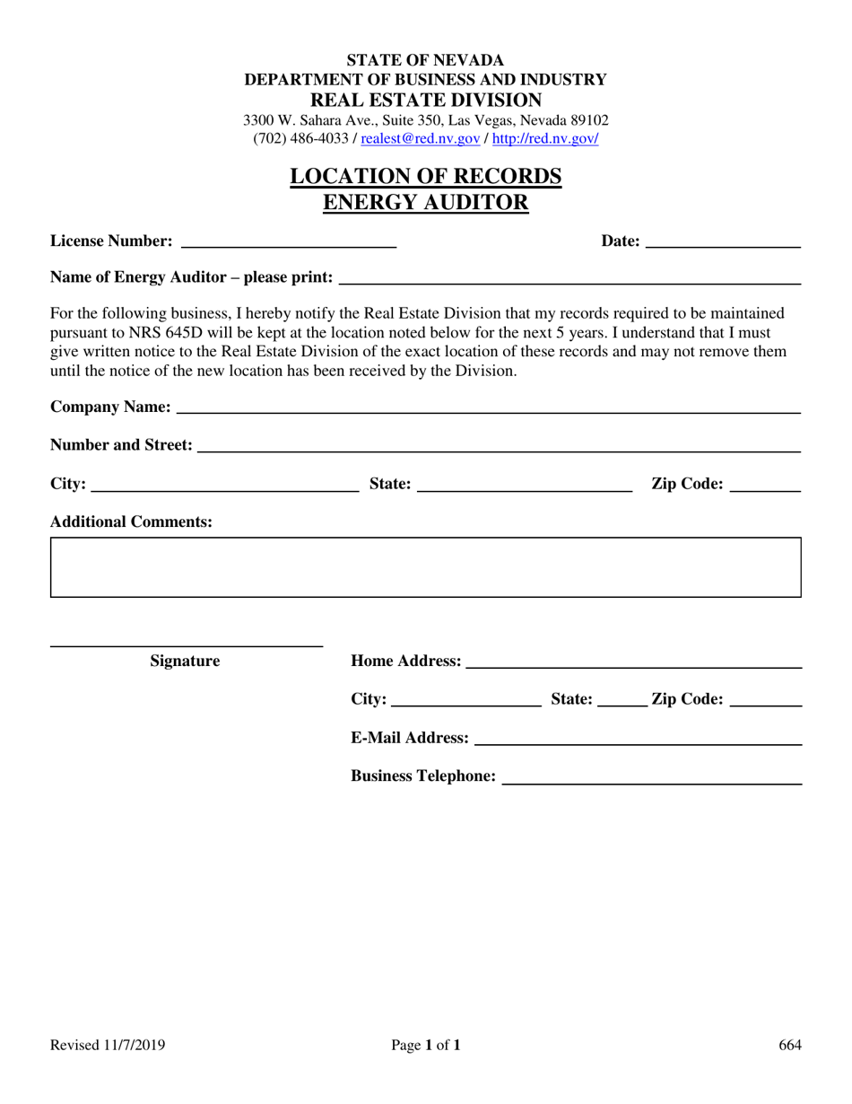 Form 664 Location of Records Energy Auditor - Nevada, Page 1