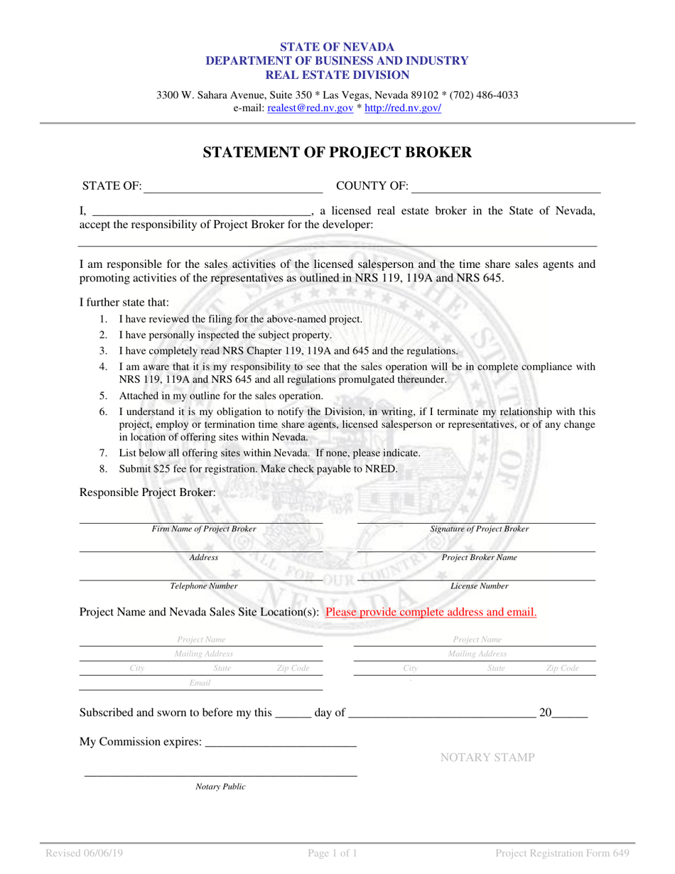 Form 649 Statement of Project Broker - Nevada, Page 1
