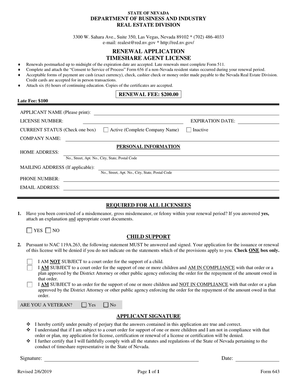 Form 643 Download Fillable PDF or Fill Online Renewal Application ...