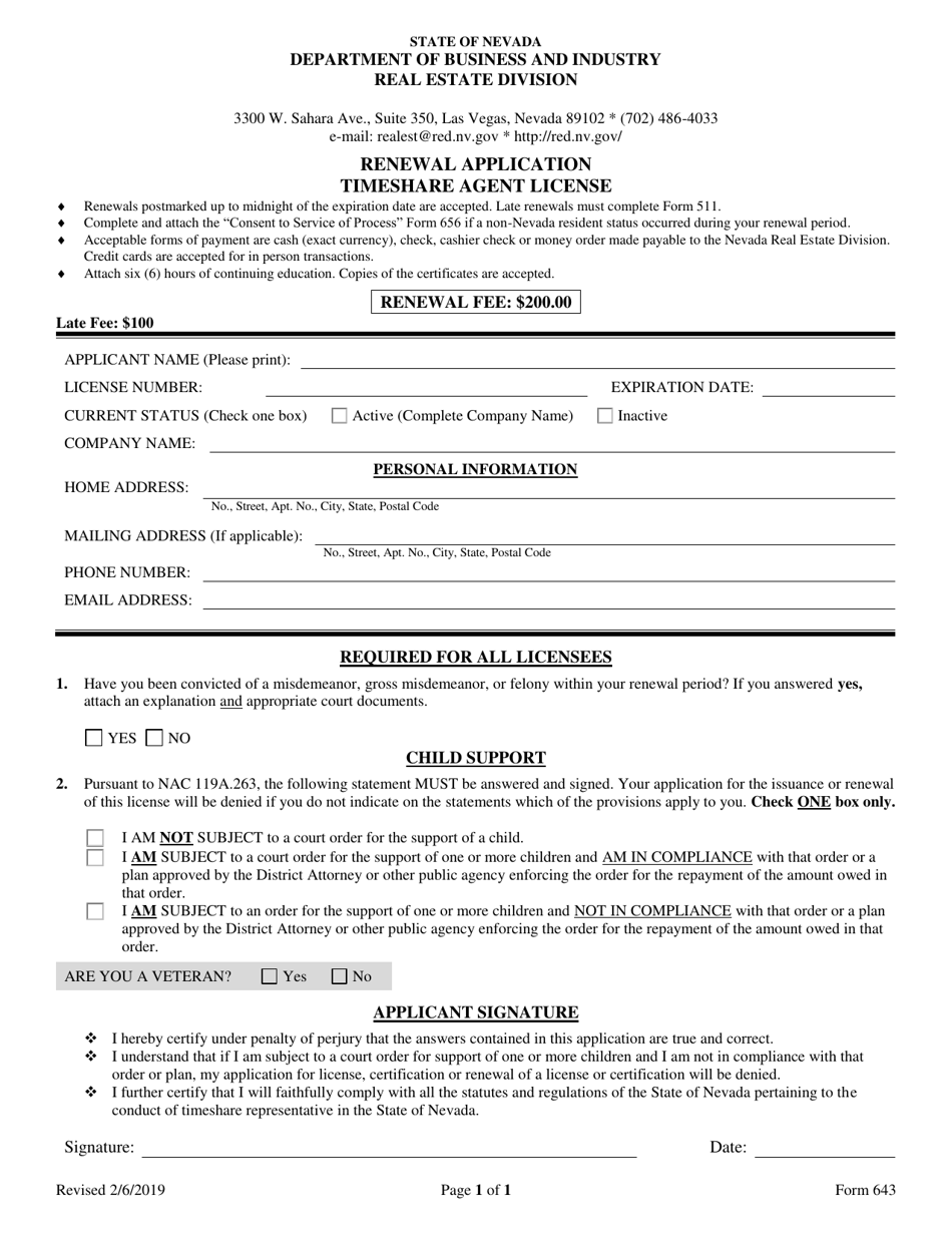 Form 643 Renewal Application Timeshare Agent License - Nevada, Page 1