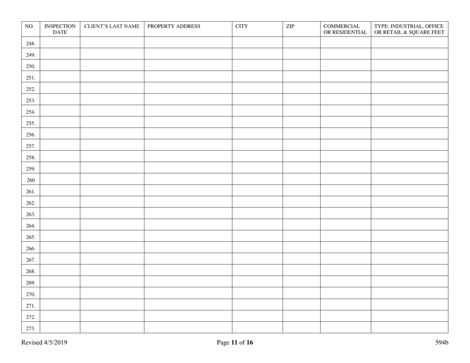Form 594B Inspector of Structures - Inspection Log for Certified Master - Nevada, Page 11