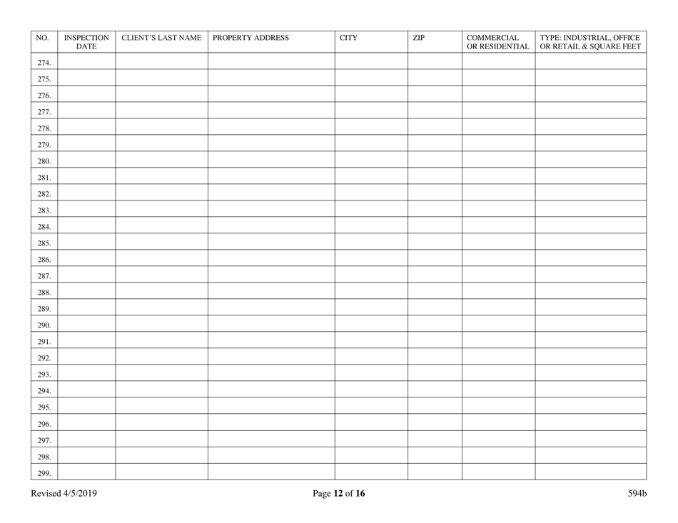 Form 594B Inspector of Structures - Inspection Log for Certified Master - Nevada, Page 12