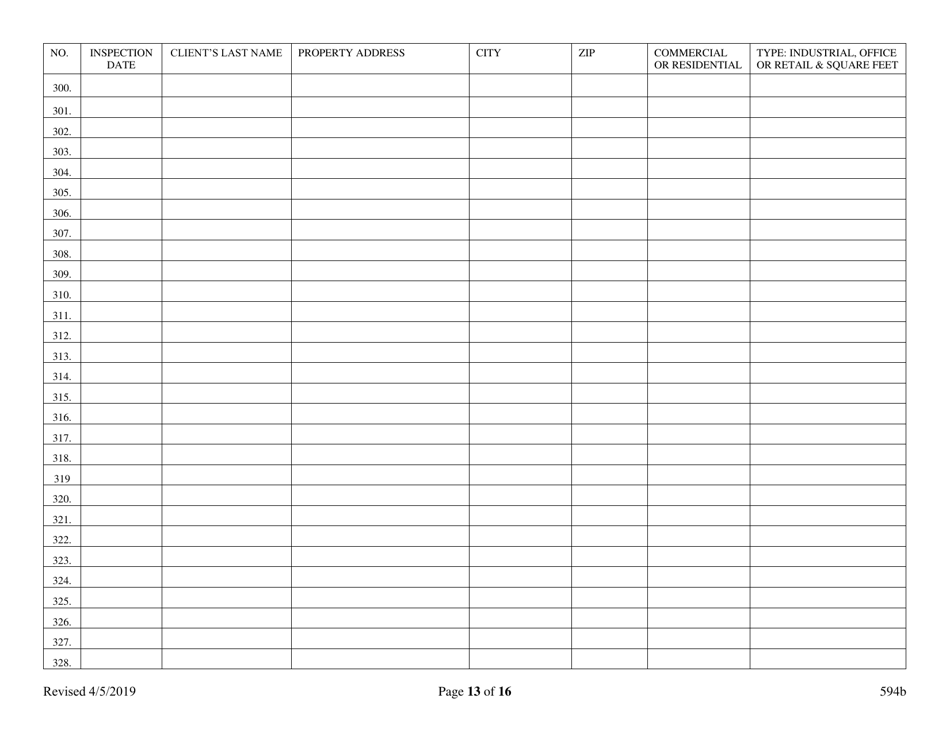 Form 594B Inspector of Structures - Inspection Log for Certified Master - Nevada, Page 13