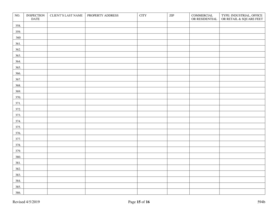 Form 594B Inspector of Structures - Inspection Log for Certified Master - Nevada, Page 15