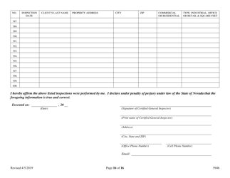 Form 594B Inspector of Structures - Inspection Log for Certified Master - Nevada, Page 16